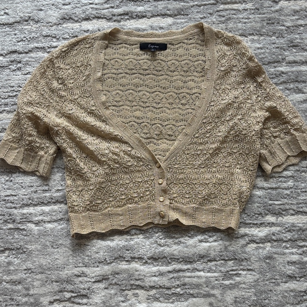 Express Beige Cropped Lace Knit Cardigan